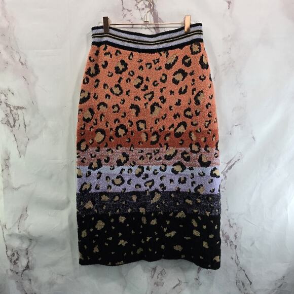 Anthropologie Skirt Womens Large Black Purple Peach Stripe Midi Leopard Sweater